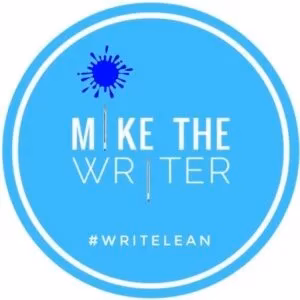 Blue circular logo with a sun-like shape at the top and the words MAKE THE WRITER in the center. The letters I and T are represented by a pen, with the hashtag #WRITELEAN at the bottom.