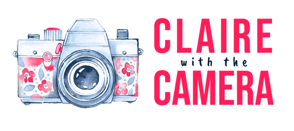 Illustrated camera with floral patterns next to bold pink text that reads CLAIRE CAMERA.