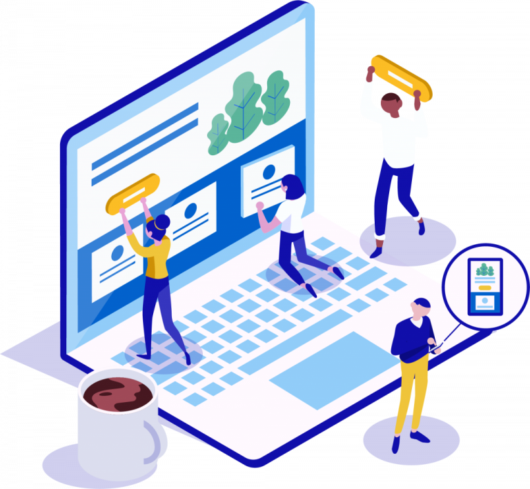 Illustration of three people interacting with a large laptop. One person holds a yellow button over the screen, another kneels by the keyboard, providing web support, and the third uses a magnifying glass on a phone displaying WordPress. A coffee cup is nearby.