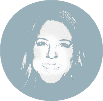 Stylized portrait of a smiling woman in a circular frame, depicted with minimalistic white and gray tones against a light blue background, reminiscent of WordPress themes sleek simplicity.